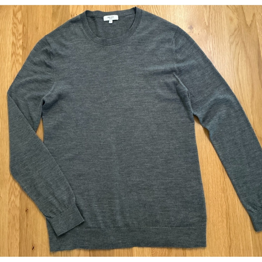 Reiss Wessex Sweater Mens L 100% Wool Gray Crewneck Lightweight Knit Jumper